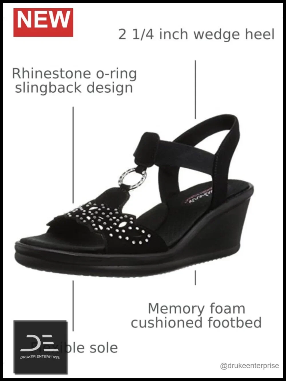 Women's Memory Foam Wedge Sandals Rhinestone Slingback